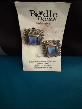 Poodle Dance Silver-Tone Blue Square Vintage Earrings